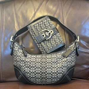 Coach Signature Monogram Shoulder Bag and Wallet in Black and Gray